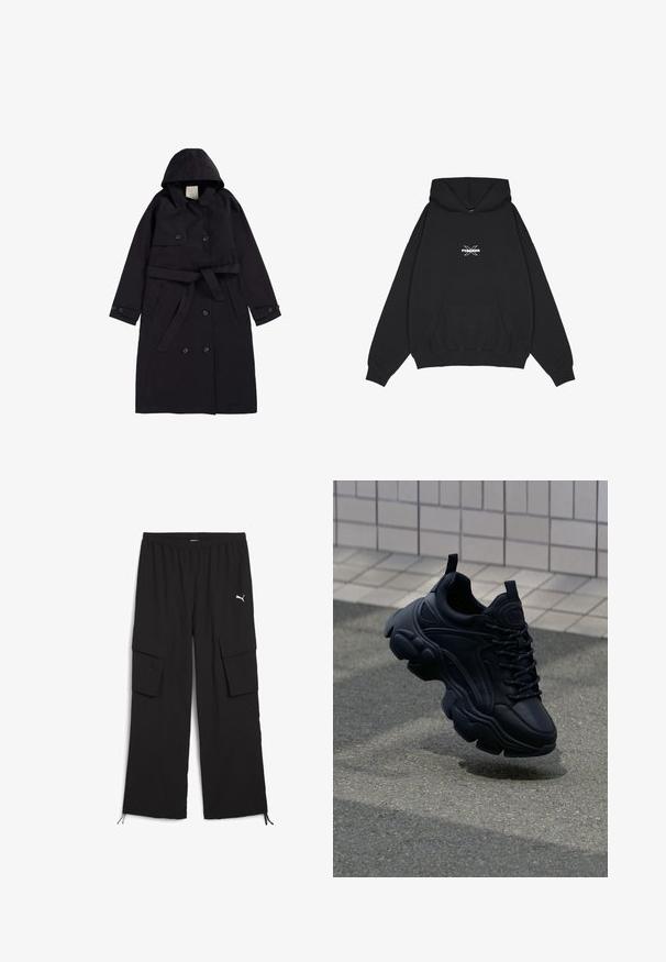 Čierny trenčkot vyrobený z hladkej tkaniny, s kapucňou, dvojradovým zapínaním na čierne gombíky a zodpovedajúcim opaskom.; Pegador BELLY OVERSIZED HOODIE - Mikina s kapucňou - washed black; Čierne cargo nohavice s širokým strihom, elastickým pásom, dvoma bočnými vreckami a šnúrkami na okrajoch. Zdobené malým bielym logom.; Čierne kožené tenisky s robustným dizajnom, ktorý zahŕňa hrubú podrážku, textúrované panely a čierne šnúrky. Plávajúce nad šedým chodníkom.