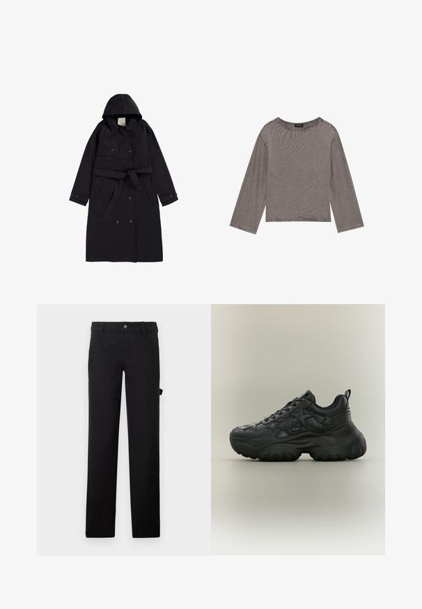 Schwarzer Trenchcoat aus glattem Stoff, mit Kapuze, doppelt-knöpfbarer Front mit schwarzen Knöpfen und einem passenden Gürtel.; Graues Langarmoberteil aus leichtem Stoff mit lockerer Passform, runder Ausschnitt und rohen Saumakzenten.; Schwarze Hose aus einem glatten Stoff mit geraden Beinen, einem Knopfverschluss und einer Seitenasche.; Schwarzer klobiger Sneaker mit Sternmustern, texturierten Details, dicker Sohle und Zuglasche vor neutralem Hintergrund.