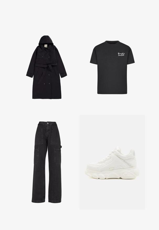 Manteau noir en tissu lisse, doté d'une capuche, d'un devant croisé avec des boutons noirs, et d'une ceinture assortie.; T-shirt noir en coton avec un col rond. Présente du texte blanc, y compris des caractères japonais et les mots "Slurp Away" sur la zone gauche de la poitrine.; Pantalons cargo en denim noir avec des jambes larges, plusieurs poches à patch et une taille haute. Dotés d'une fermeture à bouton et de coutures solides.; Basket blanche épaisse avec semelle épaisse, design à lacets, et marquage "Buffalo" sur le côté et le talon.