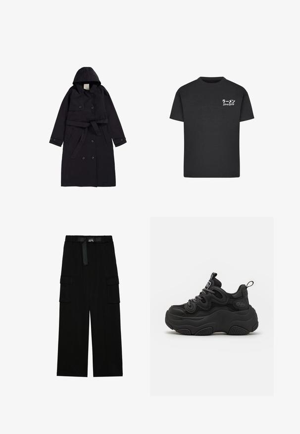 Zwarte trenchcoat van soepel stof, met een capuchon, een dubbelzijdige voorkant met zwarte knopen en een bijpassende riem.; Zwarte katoenen t-shirt met een ronde hals. Bevat witte tekst, waaronder Japanse karakters en "Slurp Away", op de linkerborst.; Zwarte cargobroek met een wijd gesneden ontwerp, elastische tailleband met een riem, en twee grote zijzakken voor opslag.; Zwarte sneaker met een chunky ontwerp, voorzien van een gestructureerde bovenkant, mesh panelen en een dikke rubberen zool. Reflecterende veters en merkdetails zijn zichtbaar.