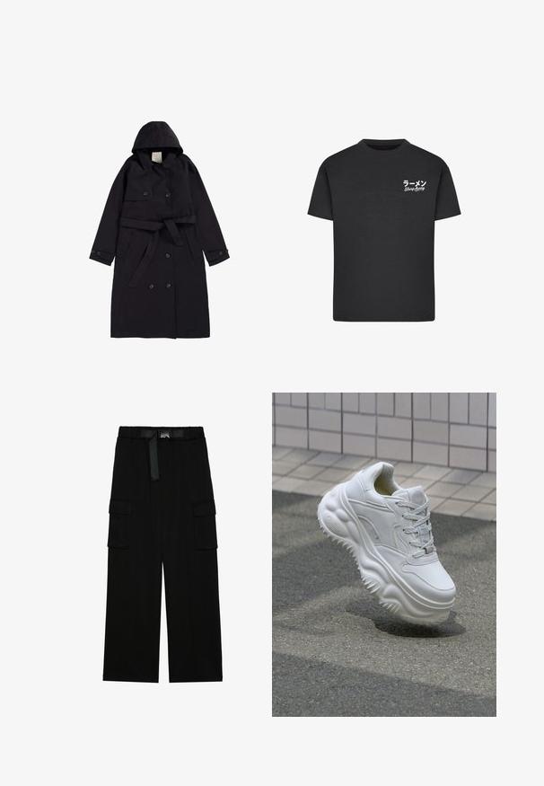 Sort trenchcoat lavet af glat stof, med hætte, dobbeltradet front med sorte knapper og en matchende bælt.; Sort bomulds T-shirt med rund hals. Har hvid tekst, inklusive japanske tegn og "Slurp Away," på venstre brystområde.; Sorte cargo bukser med vidde ben, elastisk talje med bælte og to store sidelommer til opbevaring.; Hvide lædersneakers med en kraftig sål, teksturerede detaljer og snørelukning. Har formede accenter og en glat finish.