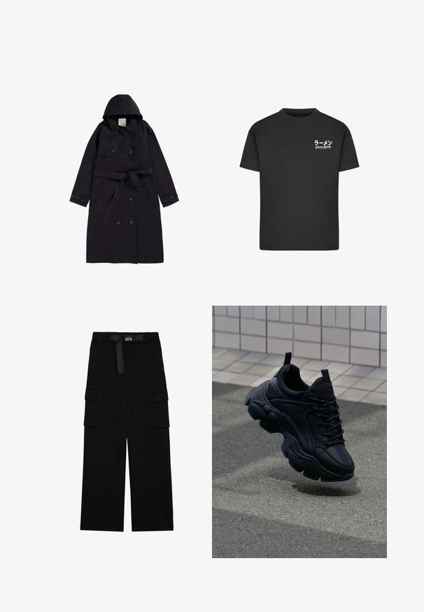 Sort trenchcoat lavet af glat stof, med hætte, dobbeltradet front med sorte knapper og en matchende bælt.; Sort bomulds T-shirt med rund hals. Har hvid tekst, inklusive japanske tegn og "Slurp Away," på venstre brystområde.; Sorte cargo bukser med vidde ben, elastisk talje med bælte og to store sidelommer til opbevaring.; Sort lædersneaker med et kraftigt design, der har en tykk sål, teksturerede paneler og sorte snørebånd. Svævende over en grå belægning.