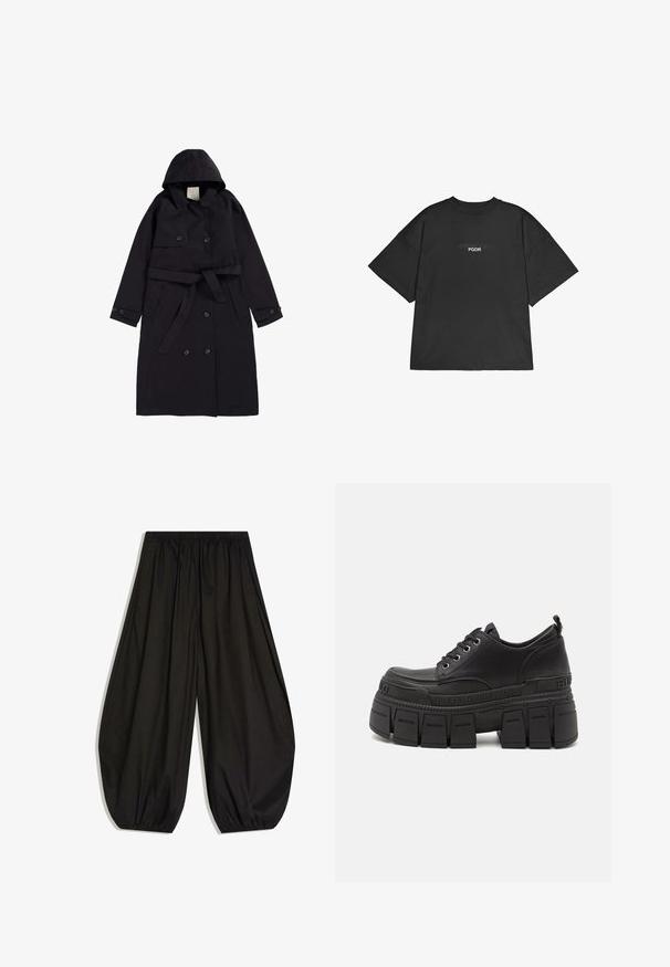 Schwarzer Trenchcoat aus glattem Stoff, mit Kapuze, doppelt-knöpfbarer Front mit schwarzen Knöpfen und einem passenden Gürtel.; Schwarzes Baumwoll-T-Shirt mit oversized Passform, rundem Crew-Halsausschnitt, kurzen Ärmeln und dezentem Frontstick mit "PEGADOR" und "PGDR."; Schwarze Hosen mit weitem Bein, elastischem Bund und gesammelten elastischen Bündchen, aus leichtem Stoff gefertigt.; Schwarze Plattform-Sneaker mit einem oberen Teil aus glattem Leder, Schnürverschluss, dicke Gummisohle und Branding-Detail an der Seite.