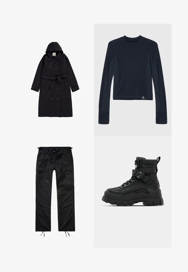 Abrigo negro de trench fabricado en tejido suave, que presenta una capucha, un frente de doble botonadura con botones negros y un cinturón a juego.; Camiseta de manga larga azul marino con textura de canalé, con acentos de puntos a lo largo de las mangas y un cuello alto. Logo de la marca en la parte inferior izquierda.; Pantalones cargo negros hechos de tela duradera, con múltiples bolsillos, cierre de botón y cordones ajustables en los tobillos.; Botas negras hasta el tobillo con un upper texturizado, suela gruesa, parte delantera con cordones y correa ajustable que presenta un detalle de logo. Suela de goma con dibujo pronunciado.