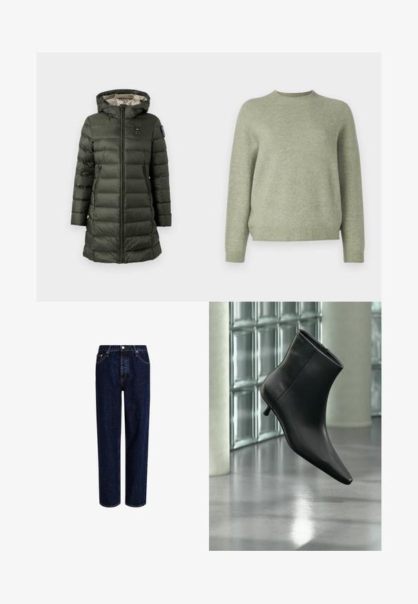 Manteau matelassé de couleur vert foncé avec capuche, doté d'une fermeture éclair, de poches latérales et d'un patch logo sur la manche supérieure. Design isolé.; DRYKORN PEMIRI - Pullover - green; Jeans en denim bleu foncé avec une coupe droite, dotés d'une taille haute, d'un style à cinq poches et de coutures contrastantes. Sans embellissements.; Bottine en cuir noir à bout pointu et petit talon kitten, présentée en angle devant un sol poli et un mur en blocs de verre.
