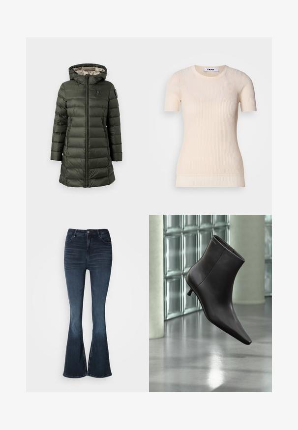 Manteau matelassé de couleur vert foncé avec capuche, doté d'une fermeture éclair, de poches latérales et d'un patch logo sur la manche supérieure. Design isolé.; Haut court à rayures crèmes avec un col rond. Fabriqué à partir d'un matériau doux, il présente une silhouette ajustée et une texture subtile. Étiquette DKNY visible.; Jean flare en denim bleu foncé avec taille haute, fermeture à bouton, poches avant et un léger délavage sur les cuisses et les genoux.; Bottine en cuir noir avec bout pointu et petit talon, présentée devant un mur en blocs de verre et un sol poli.
