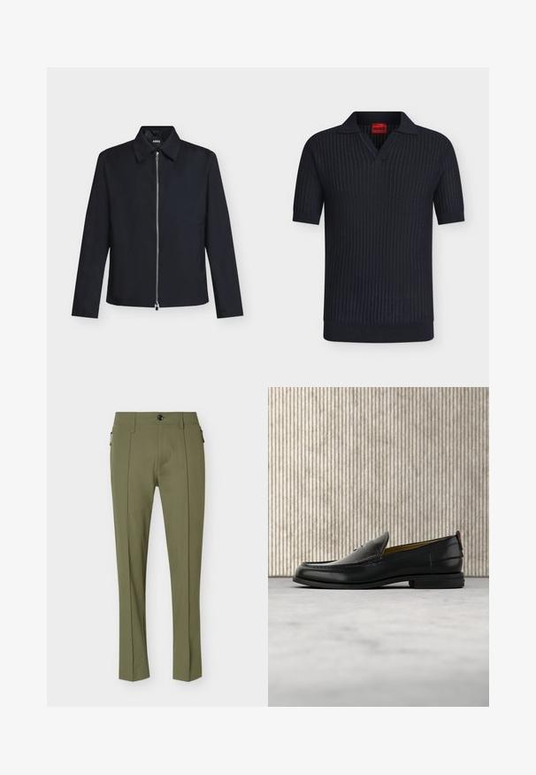 Veste noire à manches longues avec col et fermeture éclair argentée à l'avant, étiquette de la marque visible à l'intérieur du col, posée à plat sur fond blanc.; Polo noir à manches courtes en maille avec texture côtelée, col en V, et étiquette rouge Hugo à l’intérieur du col.; Pantalon vert olive coupe slim avec pli avant, fermeture par bouton, passants pour ceinture et poches latérales zippées.; Mocassin pour homme en cuir noir avec un dessus embossé effet croco et un petit talon, présenté de profil sur un fond neutre.