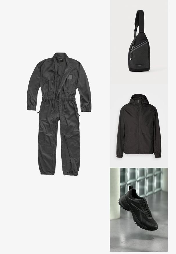 Chaqueta rompevientos negra con un patrón texturizado que presenta líneas diagonales y sutiles formas de diamante, cremallera frontal completa y capucha. Puños elásticos.; Mono negro de manga larga con cremallera frontal, cintura y puños elásticos, múltiples bolsillos con cremallera y cuello mao con botón a presión.; Zapatilla deportiva negra con suela texturizada y cordones, flotando sobre un suelo gris con fondo de pared de bloques de vidrio.; Bolso bandolera negro con diseño texturizado de patrón cuadriculado, correa ajustable y bolsillo con cremallera con detalles de herrajes plateados.