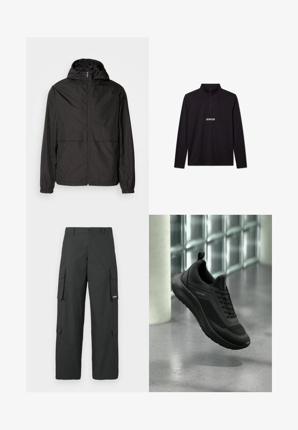 Veste coupe-vent noire avec un motif texturé présentant des lignes diagonales et des formes de losanges subtiles, fermeture éclair complète à l'avant, et capuche. Poignets élastiques.; Pull noir à manches longues Calvin Klein avec une fermeture éclair sur le quart et un logo blanc imprimé sur la poitrine.; Pantalons cargo noirs à jambes droites avec poches latérales à rabat, fermeture à bouton, passants de ceinture et petit logo blanc sur le rabat de la poche droite.; Baskets Calvin Klein noires avec tige en mesh et synthétique, semelle épaisse et lacets, présentées flottant au-dessus d'un sol gris près de blocs de verre.