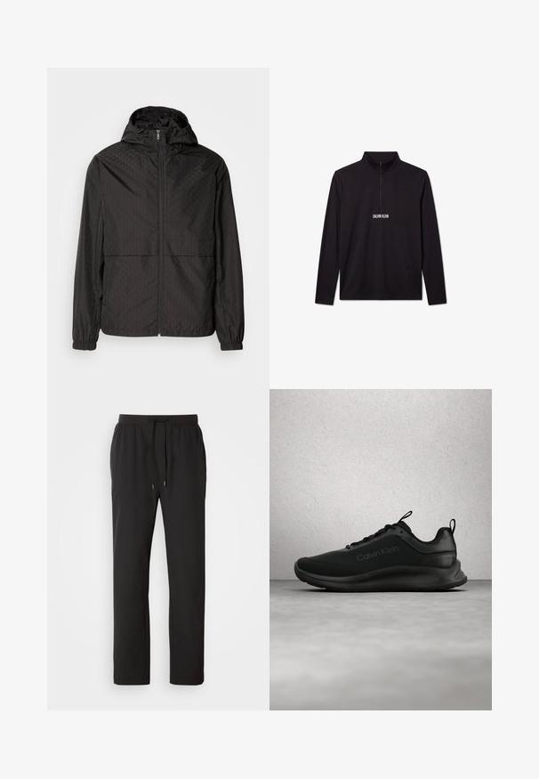 Schwarze Windjacke mit einem strukturierten Muster, das diagonale Linien und subtile Rautenformen zeigt, mit durchgehendem Reißverschluss und Kapuze. Elastische Bündchen.; Schwarzer Langarm-Pullover von Calvin Klein mit Viertel-Reißverschluss und weißem Logo auf der Brust.; Schwarze Jogginghosen aus leichtem Stoff, mit einem elastischen Bund und verstellbaren Kordeln sowie Seitentaschen. Glatte Textur.; Schwarzer Calvin Klein Sneaker mit Schnürsenkeln, der über einem grauen, polierten Boden schwebt, mit Glasbausteinfenstern im Hintergrund.