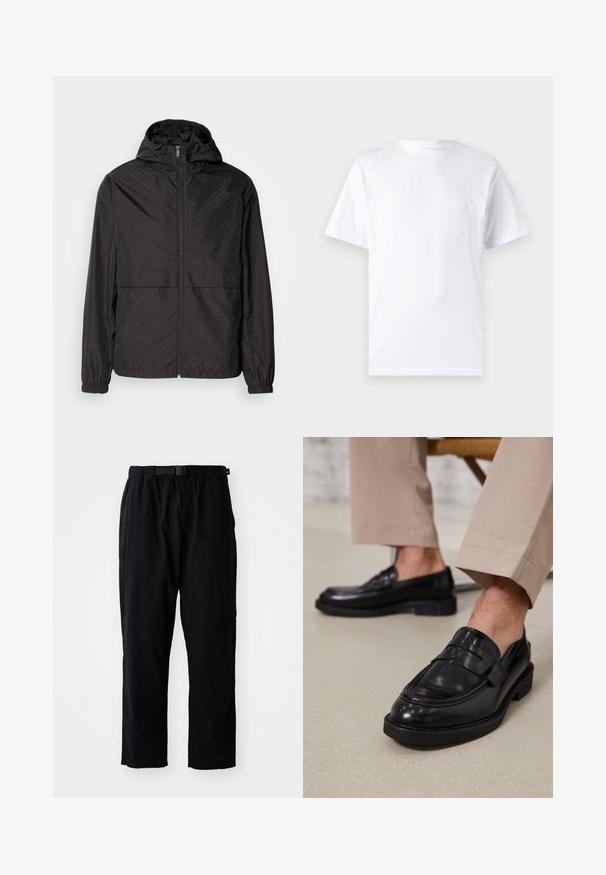 Schwarze Windjacke mit einem strukturierten Muster, das diagonale Linien und subtile Rautenformen zeigt, mit durchgehendem Reißverschluss und Kapuze. Elastische Bündchen.; Weißes kurzärmeliges T-Shirt aus Baumwolle mit Rundhalsausschnitt, das eine glatte Textur und ein einfaches Design ohne Muster oder Akzente aufweist.; Schwarze, leichte Hose mit geradem Schnitt, elastischem Bund, verstellbarem Gürtel und verstärkten Kniepolstern. Keine sichtbaren Muster oder Akzente.; Schwarze Lederloafers mit glatter Oberfläche, ausgestattet mit einem dekorativen Riemen und Kontrastnähten, kombiniert mit beigen Hosen.