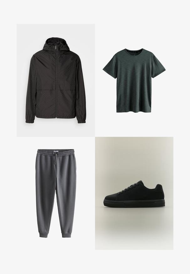 Chaqueta rompevientos negra con un patrón texturizado que presenta líneas diagonales y sutiles formas de diamante, cremallera frontal completa y capucha. Puños elásticos.; Camiseta gris oscuro hecha de un tejido suave y texturizado. Presenta un clásico cuello redondo y mangas cortas con un sutil patrón. Sin logotipos visibles.; Pantalones deportivos gris oscuro con cintura elástica y cordón, piernas estrechas y puños acanalados en los tobillos.; Zapatilla negra de perfil bajo con cordones, suela de goma y acabado liso, mostrada de perfil sobre un fondo neutro.