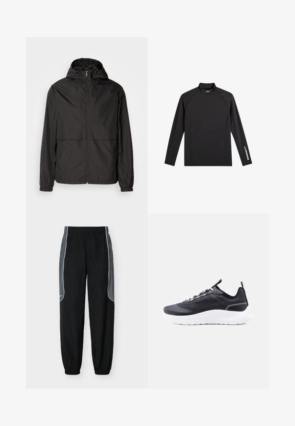 Chaqueta rompevientos negra con un patrón texturizado que presenta líneas diagonales y sutiles formas de diamante, cremallera frontal completa y capucha. Puños elásticos.; Camiseta negra deportiva de manga larga con cuello alto falso, corte ajustado y logo blanco "J.Lindeberg" en la manga izquierda y el cuello.; Pantalones de chándal negros con paneles laterales gris oscuro y ribete blanco, cintura y puños elásticos, exhibidos sobre un fondo blanco.; Zapatilla baja negra con suela blanca, cordones blancos, marca Calvin Klein en el lateral y tira para tirar en el talón sobre fondo blanco.