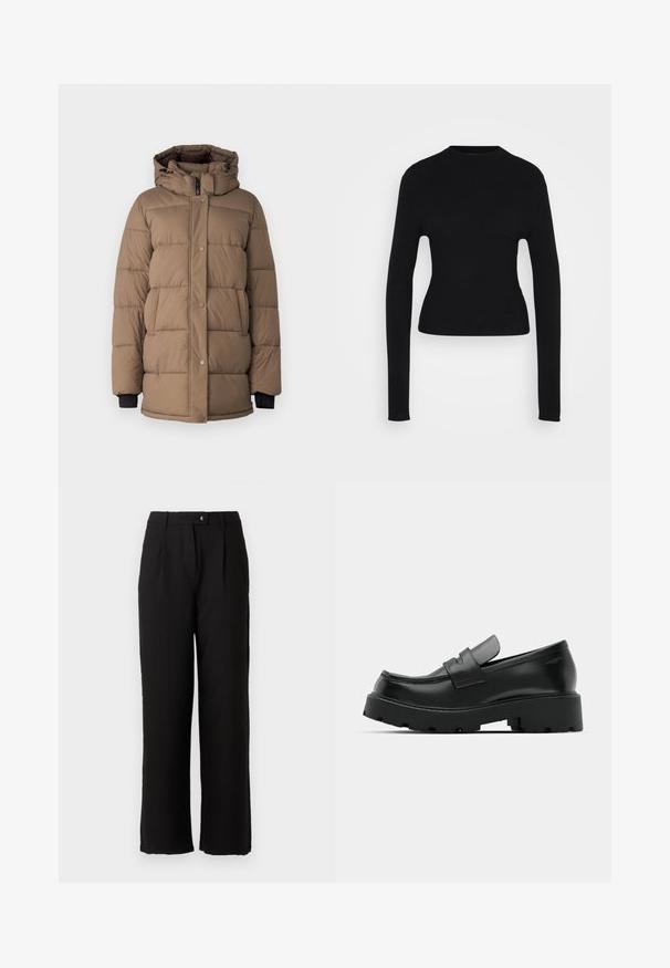 Manteau matelassé marron avec une capuche, présentant un zip frontal et des boutons-pression, des poches latérales et des poignets accentués en noir. Texture douce et design matelassé.; Pull long à manches longues en maille ribbed noire ajustée avec un col rond haut et un ourlet légèrement court sur fond blanc.; Pantalon noir en tissu lisse, avec une coupe droite, des plis sur le devant et une fermeture à bouton standard à la taille.; Mocassins en cuir noir avec une semelle épaisse et texturée, dotés d'une sangle sur le vamp et d'une finition lisse et polie.