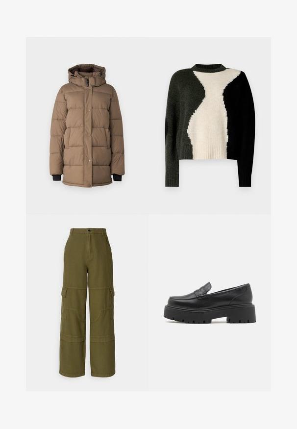 Manteau matelassé marron avec une capuche, présentant un zip frontal et des boutons-pression, des poches latérales et des poignets accentués en noir. Texture douce et design matelassé.; Pull en tricot avec un design en blocs de couleurs noir, vert foncé et crème. Encolure ronde et ourlet côtelé. Texture douce, coupe décontractée.; Pantalons cargo vert olive avec une taille haute, des jambes larges, plusieurs poches et des coutures contrastées. Fabriqués en tissu durable.; Mocassins en cuir noir avec une semelle en caoutchouc épaisse et basse, des détails cousus sur le dessus et une texture lisse.