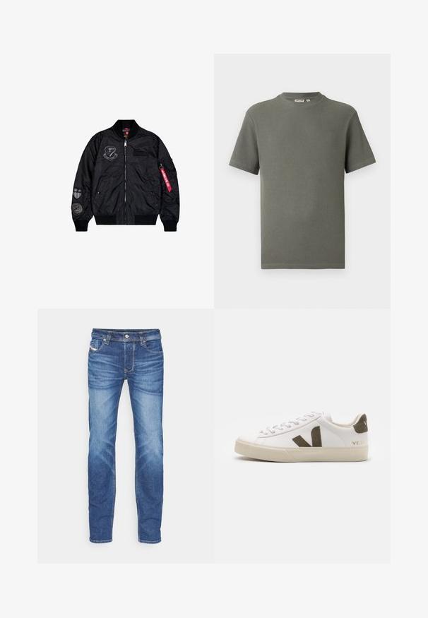 Mustat pommijaakkaat, jotka on valmistettu sileästä nylonista. Varustettu vetoketjulla, ribbed-hihoilla ja useilla applikaatioilla hihoissa lisäyksinä.; Vihreä oliivinvärinen lyhythihainen teksturoitu neulepaita, jossa on pyöreä kaula-aukko ja suora helma, aseteltuna tasaisena valkoisella taustalla.; Siniset kapeat farkut, joissa on haalistunut vaikutelma, etupainike, vetoketjukiinnitys ja viisi taskua valkoista taustaa vasten.; Valkoiset nahkakengät vaaleanbeigeillä kumipohjilla. Varustettu ruskealla mokkanahalla V-logolla ja kantapäällyksellä. Nauhakiristys, jossa on karhea pinta.