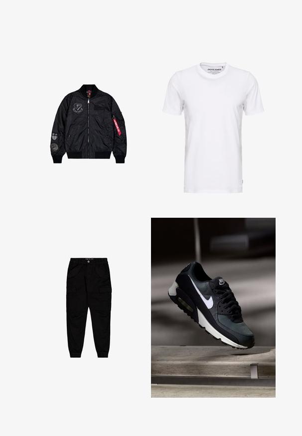 Chaqueta bomber negra hecha de nylon suave. Presenta un cierre de cremallera, puños de canalé y múltiples parches en las mangas para un detalle adicional.; Camiseta de manga corta blanca, hecha de algodón, con cuello redondo y un diseño sencillo. Etiqueta de la marca visible en la zona del cuello. Sin patrones ni detalles.; Pantalones cargo negros de algodón, con dos bolsillos frontales y dos bolsillos laterales, con puños y cintura elásticos.; Zapatilla Nike Air Max negra y gris con el logo blanco, suspendida sobre una superficie de cemento contra un fondo oscuro y desenfocado.