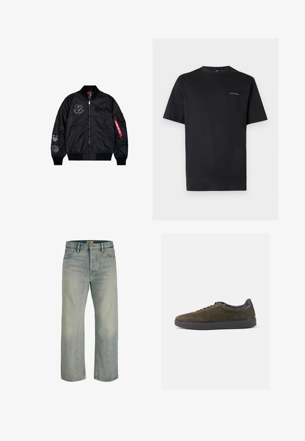 Schwarze Bomberjacke aus glattem Nylon. Sie verfügt über einen Reißverschluss, gerippte Bündchen und mehrere Aufnäher an den Ärmeln für zusätzliche Details.; Schwarzes T-Shirt mit kurzen Ärmeln und Rundhalsausschnitt, mit kleinem grünen Text "CREATIVEWORKERS" auf der linken Brust, schlichtes Design, auf hellgrauem Hintergrund.; Hellblaue Jeans aus Denim mit geradem Bein, Fronttaschen, Gürtelschlaufen und Knopfverschluss.; Olivgrüne Wildleder-Sneaker mit schwarzen Lederakzenten und Schnürsenkeln, die eine strukturierte Oberfläche und eine dicke schwarze Gummisohle aufweisen.