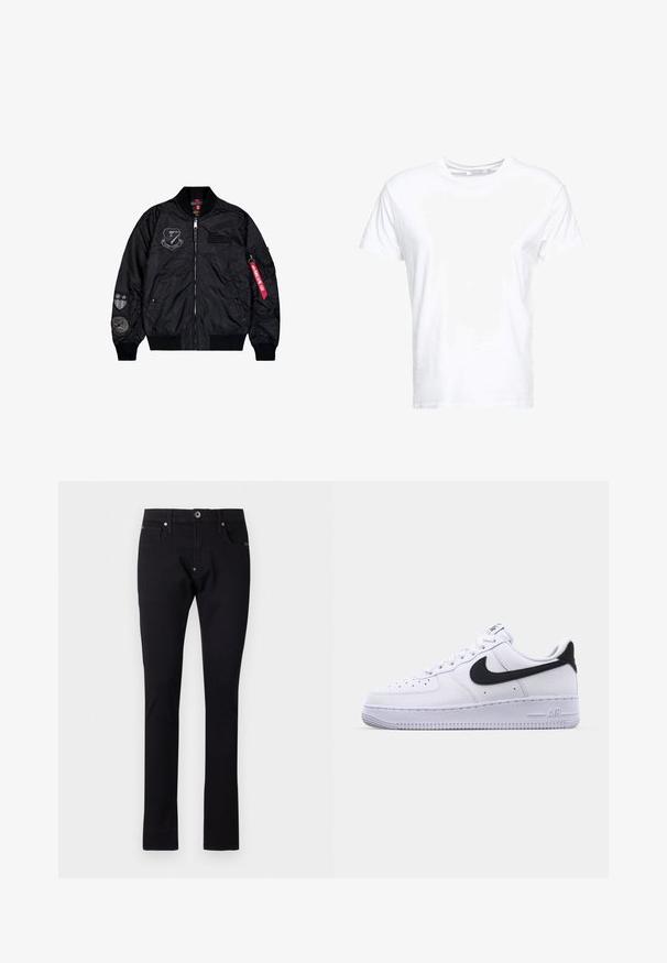Veste bomber noire en nylon lisse. Elle possède une fermeture éclair, des poignets côtelés et plusieurs écussons sur les manches pour un détail supplémentaire.; T-shirt en coton blanc avec un col rond et des manches courtes, au fit classique et à la texture lisse. Aucun motif ni accessoire visible.; Jean en denim noir à coupe slim, avec une fermeture à bouton et à glissière, cinq poches et des détails de couture subtils. Texture lisse.; Sneaker en cuir blanc avec un Swoosh noir texturé, des lacets plats et une semelle en caoutchouc avec un motif strié. "AIR" est embossé sur le talon.