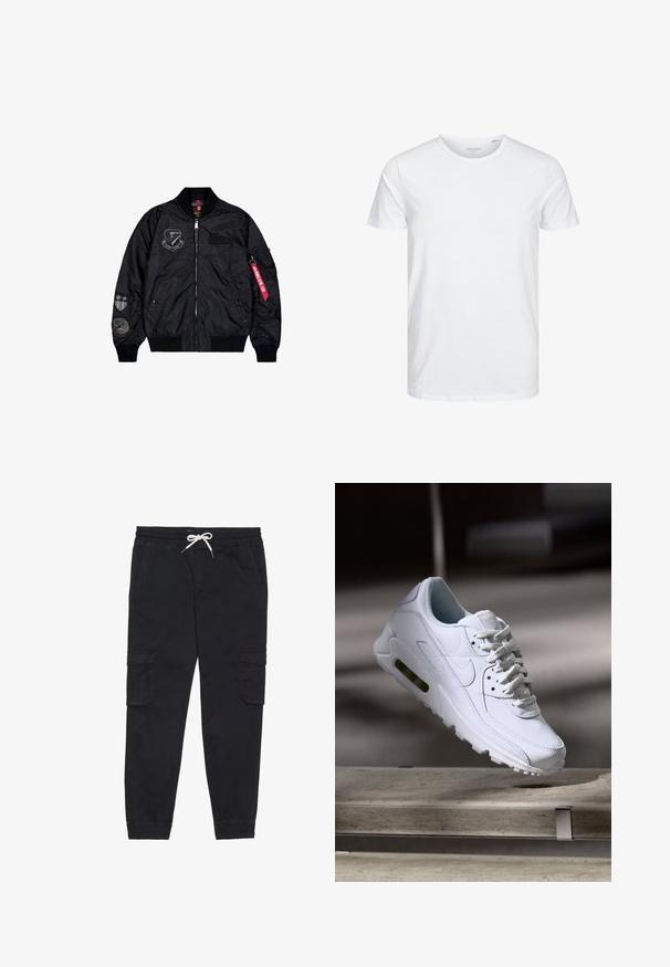 Schwarze Bomberjacke aus glattem Nylon. Sie verfügt über einen Reißverschluss, gerippte Bündchen und mehrere Aufnäher an den Ärmeln für zusätzliche Details.; Rundhals-T-Shirt mit kurzen Ärmeln in reinem Weiß, aus weicher Baumwolle, mit einem schlichten Design ohne sichtbare Muster oder Akzente.; Schwarze Cargo-Hosen aus Baumwolle mit einem elastischen Bund und Kordelzug, seitlichen Taschen und schmal zulaufenden Bündchen.; Weiße Lederturnschuhe mit strukturierten Oberflächen, gepolstertem Kragen und sichtbarer Luftpolsterung in der Sohle. Verfügt über Schnürsenkel und ein minimalistisches Design.