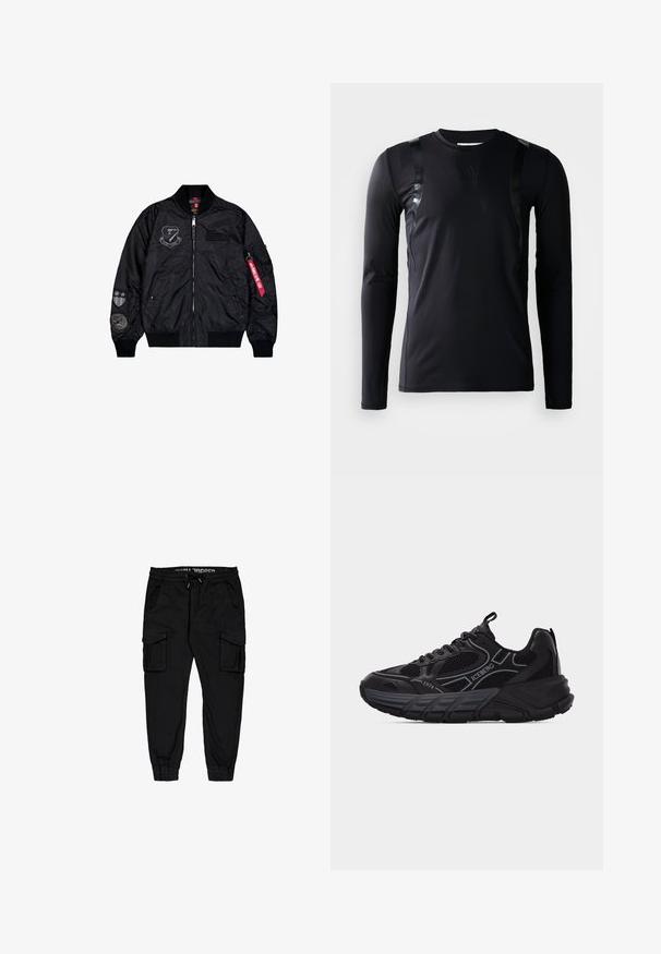 Schwarze Bomberjacke aus glattem Nylon. Sie verfügt über einen Reißverschluss, gerippte Bündchen und mehrere Aufnäher an den Ärmeln für zusätzliche Details.; Schwarzes, langärmliges Sportshirt aus glattem, dehnbarem Stoff. Verfügt über glänzende schwarze Akzente an den Schultern und ein Adidas-Logo auf der Brust.; Schwarze Cargo-Hosen aus leichtem Stoff, mit elastischem Bund, Kordelzug und mehreren Seitentaschen sowie schmal zulaufenden Bündchen.; Schwarzer Sportschuh aus Mesh und Leder mit dicker Sohle, "ICEBERG"- und "1974"-Markenzeichen sowie Zuglaschen an Zunge und Ferse.