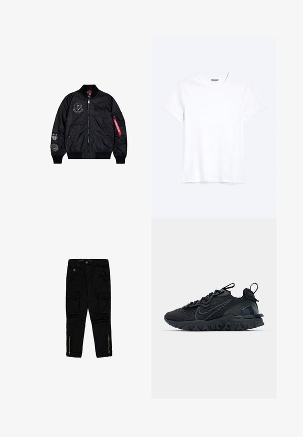 Sort bomberjakke lavet af glat nylon. Har lynlås lukning, ribbede manchetter og flere patches på ærmerne for ekstra detaljer.; Enkelt hvid T-shirt med korte ærmer og rund hals med synligt WEEKDAY-mærke i kraven, vist på en lys baggrund.; Sorte cargo-bukser lavet af bomuld, med sidelommer, lynlåse ved anklerne og en regular-fit design.; Sort atletisk sko med en åndbar mesh-overdel, teksturerede detaljer og en bølget gummisål. Har reflekterende logo og snørresystem.