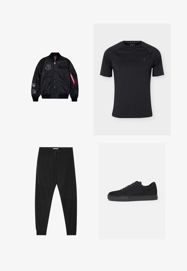 Schwarze Bomberjacke aus glattem Nylon. Sie verfügt über einen Reißverschluss, gerippte Bündchen und mehrere Aufnäher an den Ärmeln für zusätzliche Details.; Schwarzes kurzärmeliges Sport-T-Shirt mit Rundhalsausschnitt und kleinem Logo auf der linken Brust, dargestellt auf einfachem hellem Hintergrund.; Schwarze Sporthosen aus strukturiertem Stoff, mit verstellbarem Bund, seitlicher Reißverschlusstasche und schmal zulaufenden Bündchen.; Schwarzer Low-Top-Sneaker mit Schnürung vorne und flacher Gummisohle, seitlich auf weißem Hintergrund dargestellt.