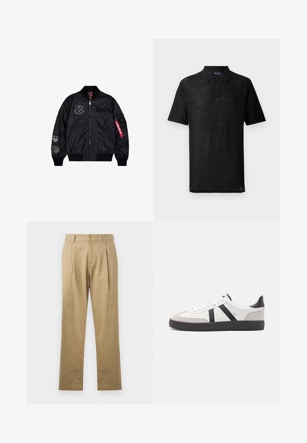 Μαύρο μπουφάν bomber κατασκευασμένο από λείο νάιλον. Διαθέτει κλείσιμο με φερμουάρ, ribbed μανίκια και πολλές εξάρσεις στους ώμους για επιπλέον λεπτομέρεια.; Μαύρο πόλο μπλουζάκι από υφαντό ύφασμα με υφή. Διαθέτει κοντά μανίκια, γιακά και πλάκα με τρία κουμπιά. Ελαφρύ σχέδιο, χαλαρή εφαρμογή.; Μπεζ chinos με ευθεία γραμμή, πτυχές μπροστά και κλείσιμο με κουμπί. Λείο υφάδι και τυπικός σχεδιασμός μέσης.; Λευκό αθλητικό παπούτσι με μαύρες και γκρί λεπτομέρειες, featuring ένα υφή γκρί καλύμμα δαχτύλου, μαύρη καουτσούκ σόλα και επίπεδες λευκές κορδόνες. Καθαρός σχεδιασμός, μινιμαλιστικό στυλ.