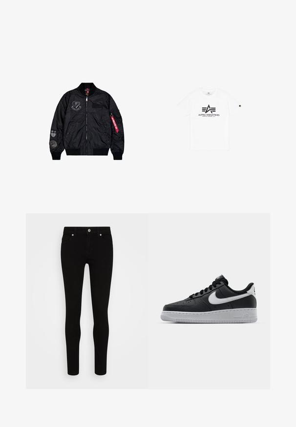 Chaqueta bomber negra hecha de nylon suave. Presenta un cierre de cremallera, puños de canalé y múltiples parches en las mangas para un detalle adicional.; Camiseta de algodón blanca de manga corta, con un logotipo impreso en negro "ALPHA INDUSTRIES" y un diseño triangular estilizado.; Jeans ajustados negros con una textura suave, diseño de cinco bolsillos, cierre frontal con botón y silueta elegante. Estilo minimalista sin patrones visibles.; Zapatilla negra de cuero con superficie texturizada, logo de Nike en blanco, suela gris, puntera redonda y diseño de encaje. Presenta perforaciones en la puntera.