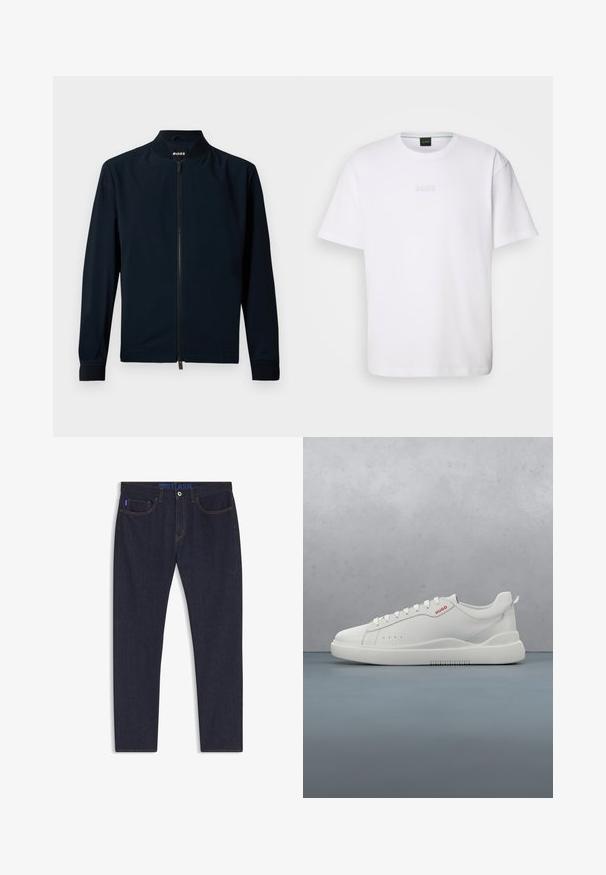Veste de bombardier marine en tissu lisse, avec une fermeture éclair sur le devant, un col montant et des poignets côtelés, au design minimaliste.; T-shirt en coton blanc à manches courtes, col rond, avec un logo « BOSS » en relief sur la poitrine. Texture lisse, coupe standard.; Jean en denim bleu foncé avec cinq poches, fermeture par bouton et coutures orange visibles, étiqueté Hugo Lash à la taille.; Sneaker blanche avec une finition en cuir lisse, bout rond, quatre œillets, perforations subtiles et un détail de logo rouge sur le côté.