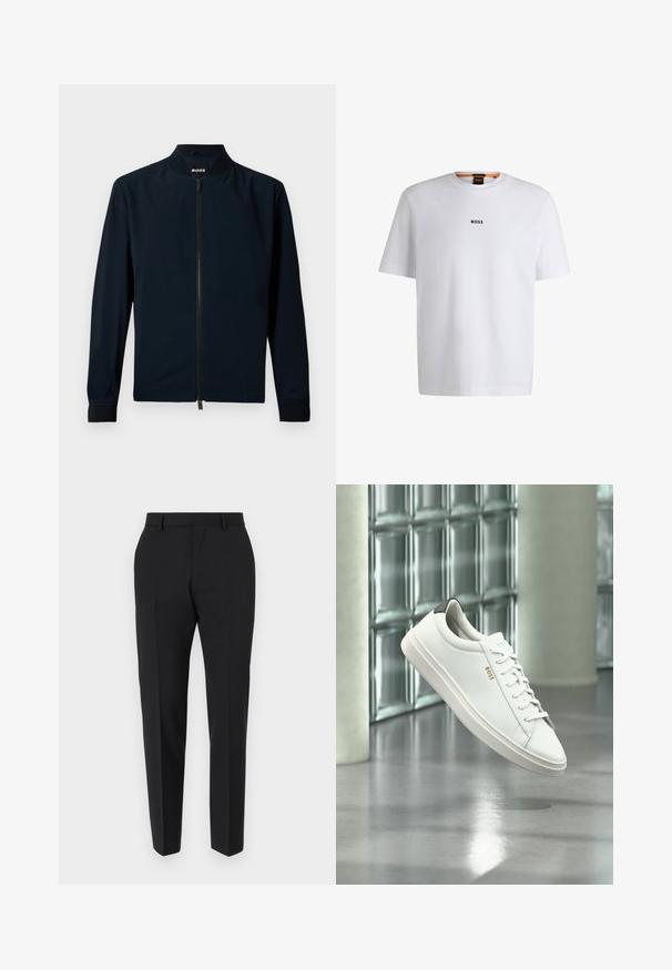 Marine Bomberjacke aus glattem Stoff, mit einem Reißverschluss vorne, Stehkragen und gerippten Bündchen, im minimalistischen Design.; Weißes Baumwoll-T-Shirt mit kurzen Ärmeln, ausgestattet mit einem schwarzen "BOSS"-Logo, das mittig auf der Brust platziert ist, und einem runden Halsausschnitt.; Schwarze Hose mit maßgeschneidertem Design, flacher Vorderseite, Faltendetails und schlanker Passform. Aus einem glatten Stoff für einen eleganten Look.; Weißer Leder-Low-Top-Sneaker mit Schnürsenkeln, schwarzer Fersenschlaufe und „BOSS“-Logo, der drinnen nahe einer Glassteinwand und einem polierten Boden schwebt.