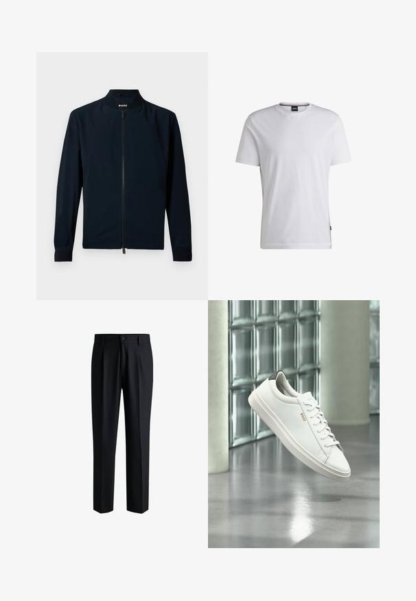 Veste de bombardier marine en tissu lisse, avec une fermeture éclair sur le devant, un col montant et des poignets côtelés, au design minimaliste.; T-shirt blanc à manches courtes en coton. Doté d'un col rond et d'une étiquette de marque subtile sur le côté. Texture lisse et design simple.; Pantalons noirs en tissu lisse, avec une coupe droite, des plis à l'avant et une fermeture à bouton avec passants de ceinture.; Baskets basses en cuir blanc avec lacets, languette de talon noire et logo « BOSS », flottant à l'intérieur près d'un mur en blocs de verre et d'un sol poli.