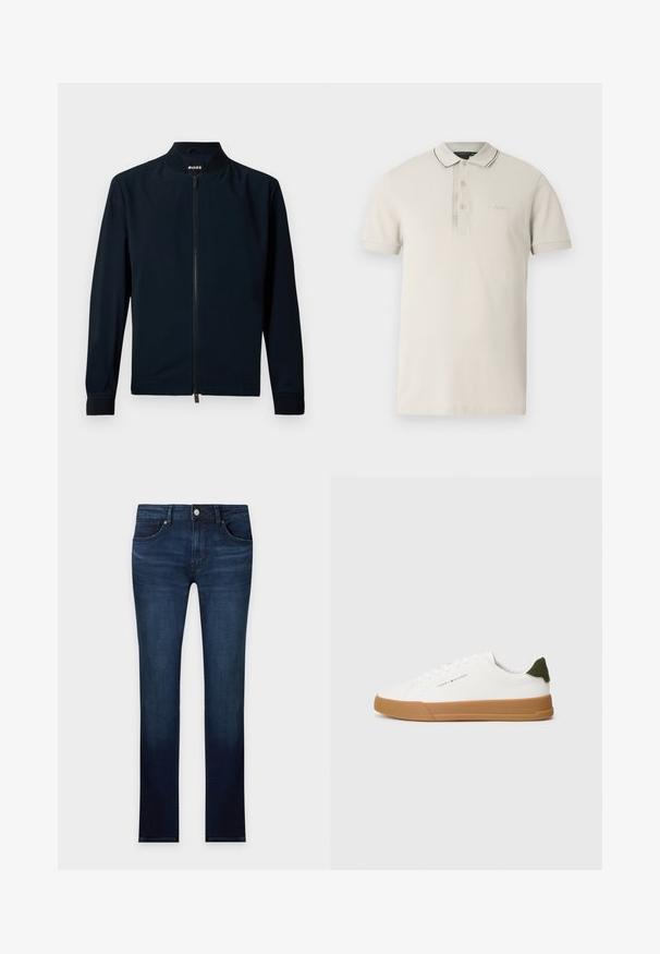 Marine bomberjakke lavet af glat stof, med lynlås foran, opretstående krave og ribbede manchetter, med et minimalistisk design.; Beige poloshirt lavet af bomuld med to-knaps knaplukning, sort kant på kraven og ærmerne samt broderet logo på brystet.; Smaltsiddende mørkeblå denimjeans med forlommer, bæltestropper og knaplukning, vist fladt på en hvid baggrund.; Hvide lavtop sneakers med brun gummisål, grøn hæltab og "Tommy Hilfiger" logo på siden.