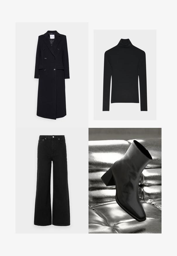 Samsøe Samsøe COAT - Manteau classique - black; Pull noir à col roulé côtelé à manches longues avec une silhouette ajustée et un logo brodé discret près du col.; Jean noir à jambes larges en denim ; doté d'une taille haute, de poches avant et d'une fermeture par bouton. Aucun motif ni ornement visible.; Botte noire à la cheville en matériau brillant avec un bout carré et un talon effilé, sur un fond argenté brillant et capitonné.