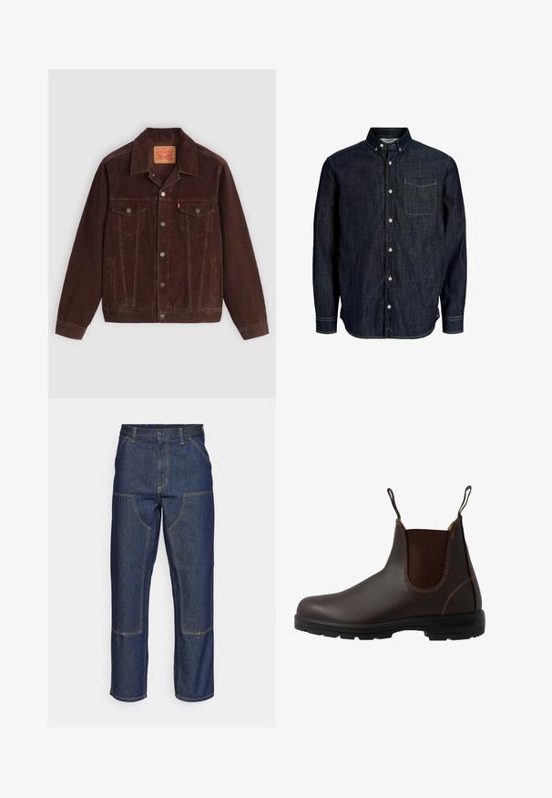 Veste en velours côtelé marron avec un col pointu, deux poches poitrine, des poches latérales et des boutons-pression sur le devant. Tissu texturé avec un motif côtelé.; Chemise en denim bleu foncé à manches longues avec col boutonné, boutons sur le devant et une poche poitrine unique avec couture contrastée.; Jeans en denim bleu foncé avec une taille haute, une coupe droite, des coutures contrastantes et des poches appliquées à l'avant.; Botte Chelsea en cuir marron avec panneau latéral élastique, coutures marron, languettes de tirage, et une semelle en caoutchouc durable avec un motif texturé.