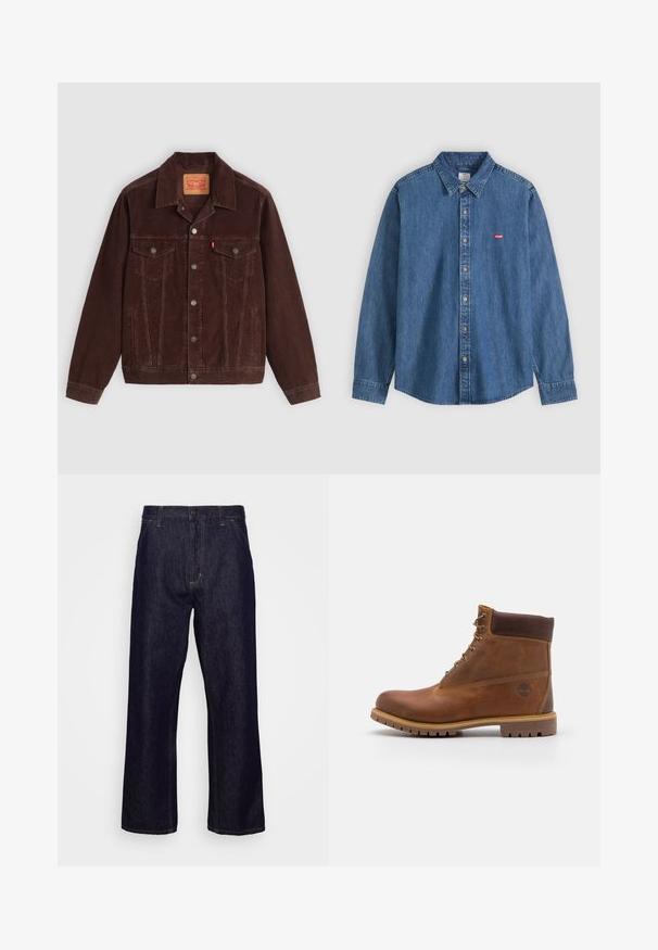 Veste en velours côtelé marron avec un col pointu, deux poches poitrine, des poches latérales et des boutons-pression sur le devant. Tissu texturé avec un motif côtelé.; Chemise en jean bleu à manches longues avec col et boutons beige, avec un petit logo rouge Levi's sur la poitrine gauche.; Jean en denim droit bleu foncé avec poches avant, passants de ceinture, braguette zippée et fermeture à bouton, présenté sur un fond blanc uni.; Botte de randonnée en cuir marron avec une finition lisse, cheville rembourrée, œillets en métal et semelle en caoutchouc dotée d'un motif de crampons robuste.