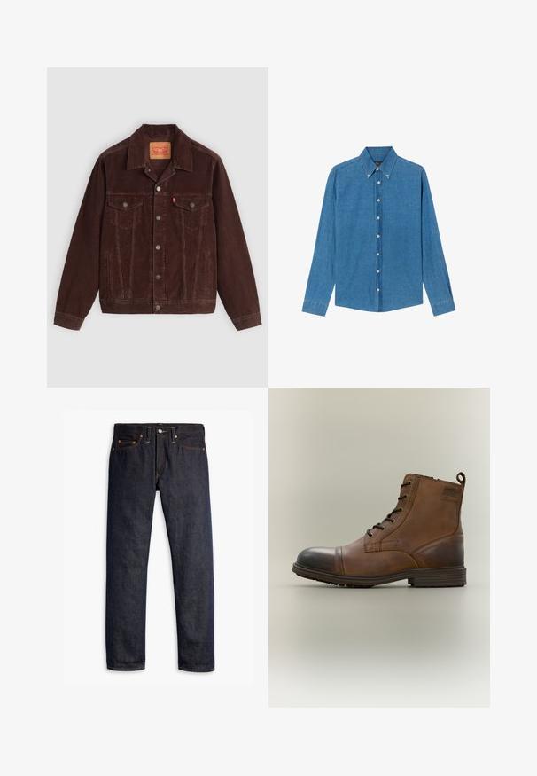 Bruine corduroy jas met een puntige kraag, twee borstzakken, zijzakken en drukknopen aan de voorkant. Textiel met een geribbelde structuur.; Blauwe denim shirt met een button-down kraag, lange mouwen en knopen aan de voorkant. De stof heeft een gestructureerde afwerking met een klassieke snit.; Donkerblauwe spijkerbroek met een rechte pasvorm, vijf zakken, koperen klinknagels, gele stiksels en een duidelijke textuur in de stof.; Bruine leren enkellaars met veters, zwarte neuskap, ronde zool en merkdetail aan de zijkant tegen een effen achtergrond.