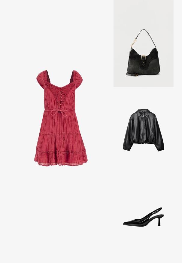 Veste en cuir noir ajustée avec un col, fermeture éclair sur le devant et ourlet élastiqué ; dispose de manches larges et rembourrées pour un ajustement décontracté.; Robe rouge texturée avec des manches courtes, des détails en dentelle, un devant boutonné et une taille à cordon. Présente un ourlet à volants et un design à niveaux.; Escarpin slingback en cuir verni noir avec bout pointu, talon bloc de hauteur moyenne et bride réglable à boucle sur fond blanc.; Sac à main en cuir noir avec détail de boucle dorée, une bandoulière à maillons en chaîne, et une bandoulière croisée amovible et réglable.