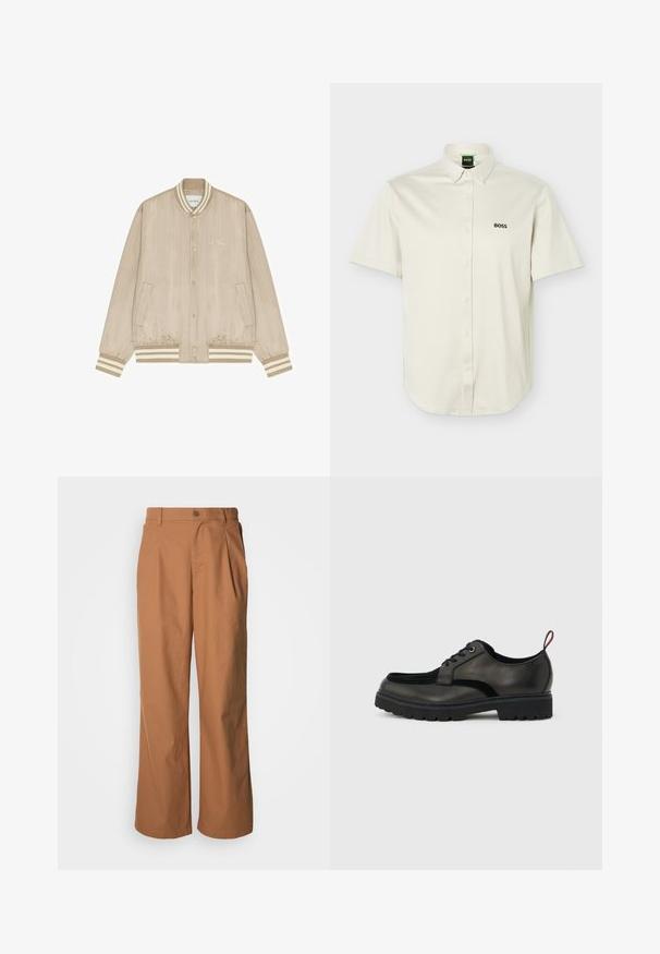 Veste bomber beige en satin avec fines rayures blanches, boutons-pression, col, poignets et bas côtelés rayés, et petit logo "Les Deux" sur la poitrine.; Chemise blanche à manches courtes avec boutons-pression, col boutonné, logo "BOSS" noir sur la poitrine, et étiquette verte à l'intérieur du col.; Pantalon à jambes larges en tissu marron chaud, avec fermeture à boutons sur le devant, plis subtils et coupe droite pour une tenue décontractée.; Chaussure noire en cuir à lacets avec semelle épaisse crantée et languette rouge à l'arrière, vue de profil sur un fond gris clair.