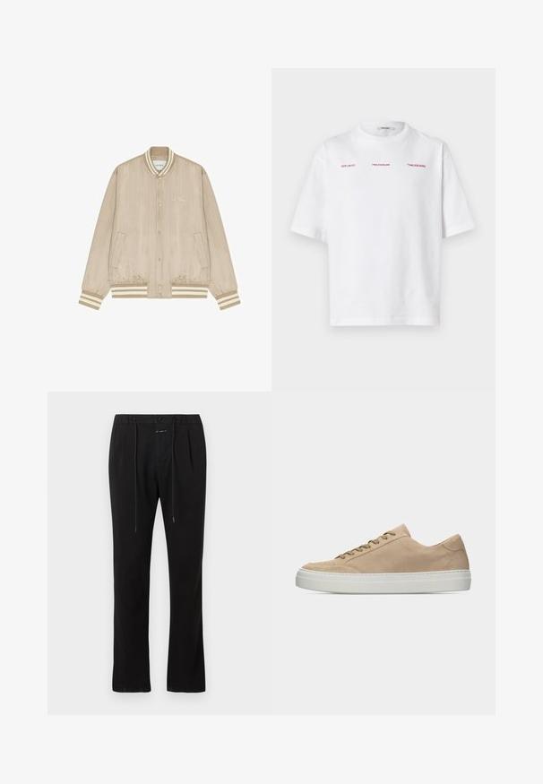 Veste bomber beige en satin avec fines rayures blanches, boutons-pression, col, poignets et bas côtelés rayés, et petit logo "Les Deux" sur la poitrine.; T-shirt blanc à manches courtes avec texte rouge « HZW (26-27) », « HOLZWEILER » et « 'TABLESCAPES' » sur la poitrine, juste en dessous de l'encolure.; Pantalon noir à jambes droites avec plis à l'avant, fermeture par bouton et zip, et cordon de serrage à la taille.; Baskets basses en daim beige avec lacets beiges et une semelle en caoutchouc blanche épaisse, vues de profil sur un fond blanc uni.
