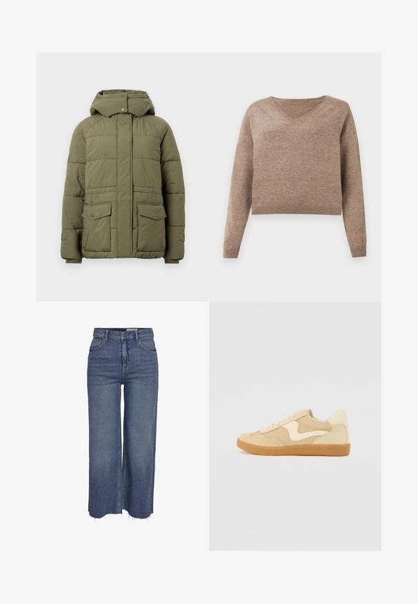 Veste matelassée couleur vert olive avec capuche, dotée d'une fermeture éclair à l'avant, de fermetures à pression et de deux grandes poches avant. Design matelassé texturé.; Pull en maille beige clair avec décolleté en V, manches longues et ourlet côtelé. Texture douce avec un design légèrement court et sans motifs visibles.; Jean large bleu à taille haute, avec boutons devant, fermeture éclair, cinq poches et ourlets effilochés.; Sneaker beige avec des matériaux en daim et en maille, forme arrondie, col rembourré proéminent et semelle en caoutchouc gomme. Présente un accent de design en forme de vague.