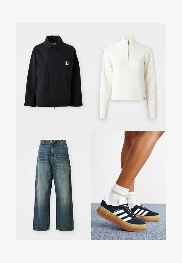 Chaqueta negra hecha de un tejido resistente con un corte recto, que presenta un cierre frontal de botones, bolsillos laterales y un bolsillo en el pecho con un parche de logo.; Suéter blanco con cuello de cremallera y mangas largas. Fabricado en un material de punto suave, con puños y dobladillo acanalados. Logo de la marca sutil en el dobladillo.; Jeans de denim de pernera ancha en una lavada azul desteñida. Cuenta con un cierre de botón, cinco bolsillos y costuras visibles. El material tiene una textura suave.; Piernas con calcetines blancos y zapatillas Adidas Gazelle negras con rayas blancas y suelas marrones gruesas sobre un suelo alfombrado gris.