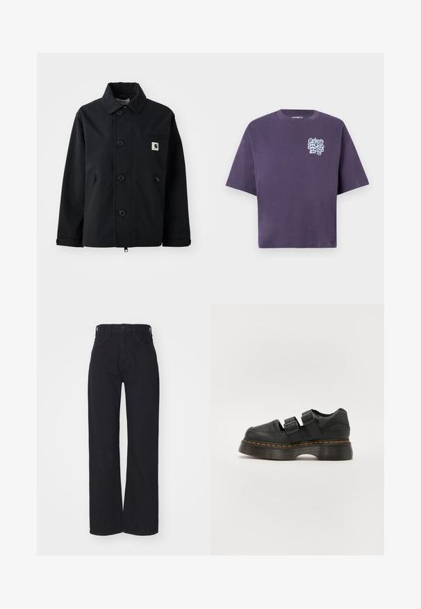 Chaqueta negra hecha de un tejido resistente con un corte recto, que presenta un cierre frontal de botones, bolsillos laterales y un bolsillo en el pecho con un parche de logo.; Camiseta de algodón púrpura con un corte holgado, mangas cortas y un diseño gráfico en azul claro en el área del lado izquierdo del pecho.; Vaqueros amplios de talle alto en negro, con cierre frontal de botón y cremallera, trabillas para cinturón y dos bolsillos frontales, sobre un fondo blanco.; Zapato de cuero negro con dos correas ajustables de hebilla, suela texturizada elevada y costuras naranjas visibles a lo largo de la media suela.