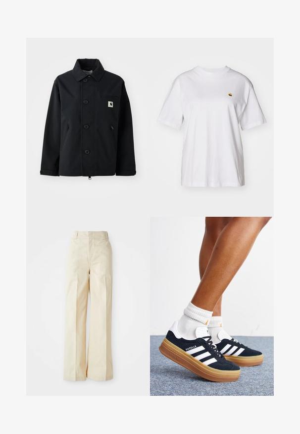 Veste noire en tissu robuste avec une coupe droite, dotée d'une fermeture à boutons, de poches latérales et d'une poche poitrine avec un écusson logo.; T-shirt en coton blanc avec une coupe décontractée, des manches courtes et un petit logo brodé sur la poitrine gauche.; Pantalons large en beige avec une taille haute, dotés d'un tissu lisse et de plis avant soigneusement repassés, sur un fond blanc uni.; Jambes portant des chaussettes blanches et des baskets Adidas Gazelle noires avec des bandes blanches et des semelles épaisses marron sur un sol recouvert de moquette grise.