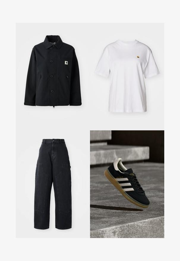 Chaqueta negra hecha de un tejido resistente con un corte recto, que presenta un cierre frontal de botones, bolsillos laterales y un bolsillo en el pecho con un parche de logo.; Camisa de algodón blanca con corte relajado, mangas cortas y un pequeño logotipo bordado en el área del pecho izquierdo.; Pantalones cargo de denim negro de pierna ancha con cintura alta, dos grandes bolsillos frontales y cierre de botón en la cintura. Textura suave, diseño casual.; Zapatilla de ante negra con rayas blancas y logo dorado, con suela de goma texturizada color goma y una lengüeta del talón en crema contrastante.