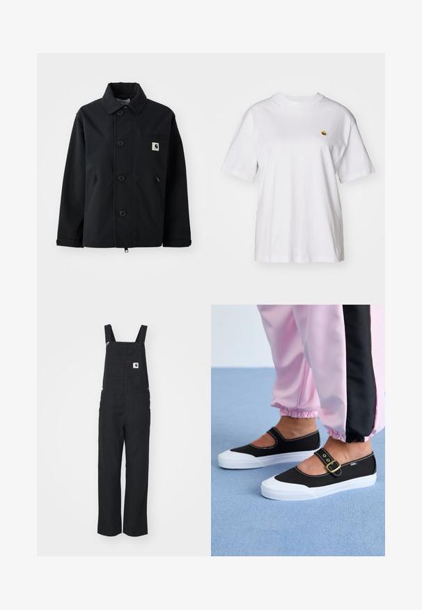 Chaqueta negra hecha de un tejido resistente con un corte recto, que presenta un cierre frontal de botones, bolsillos laterales y un bolsillo en el pecho con un parche de logo.; Camisa de algodón blanca con corte relajado, mangas cortas y un pequeño logotipo bordado en el área del pecho izquierdo.; Cazadora negra de tela con tirantes ajustables, bolsillo de parche frontal y botones laterales. Diseño de pierna recta, textura suave, estilo minimalista.; Zapatillas de lona negras con suela blanca, con un diseño recortado y una correa con hebilla dorada. Combinadas con pantalones de chándal rosas.