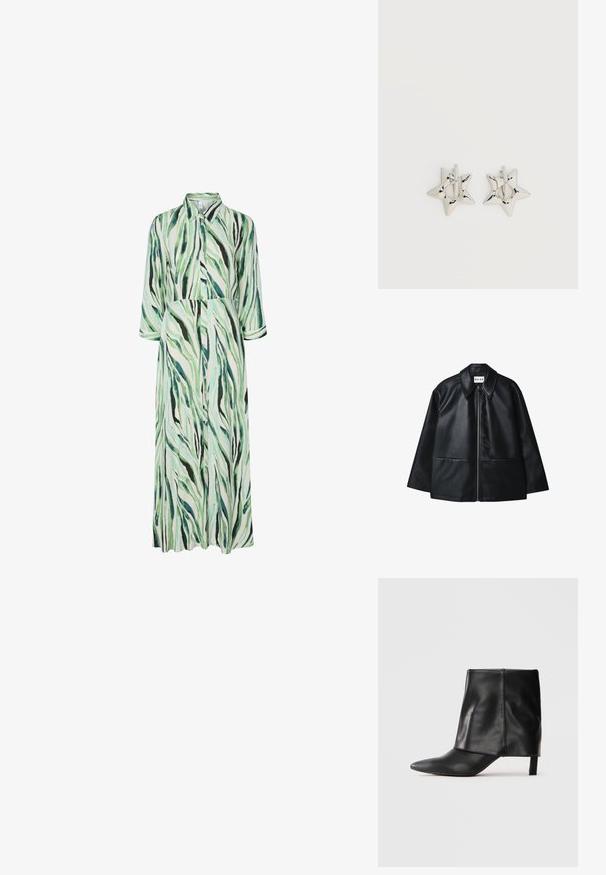 Sort læderjakke med lynlås foran, stor krave og to forlommer. Har en glat tekstur og struktureret design.; Lang skjortekjole med krave og 3/4-ærmer, med et abstrakt stribet mønster i grøn, sort og hvid.; Sort læderstøvle til midten af læggen med spids tå, foldet øvre skaft og slank lav hæl, der står på hvid baggrund.; Sølv stjerneformede øreringe med en glat, poleret finish på en ensfarvet hvid baggrund.