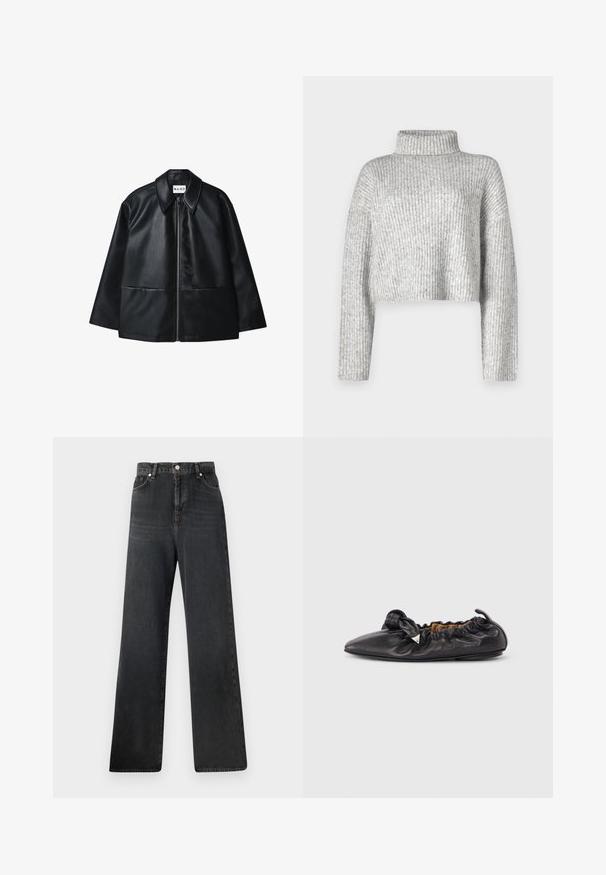 Sort læderjakke med lynlås foran, stor krave og to forlommer. Har en glat tekstur og struktureret design.; Grå cropped sweater lavet af ribstrikket stof, der har en høj krave og lange ærmer, med en blød tekstur og subtil farvevariation.; Sorte jeans med vid ben og høj talje, der har knaplukning, fem lommer og diskret falmet effekt på stoftekstueren.; Sort læder balletflat med rynket detalje, spids tå og lille metallisk trekantet pynt på siden, flad sål.