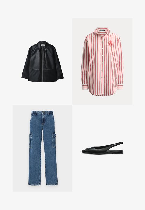 Sort læderjakke med lynlås foran, stor krave og to forlommer. Har en glat tekstur og struktureret design.; Hvid langærmet skjorte med lodrette røde striber og et rødt broderet våbenskjold på venstre bryst.; Blå denim cargo bukser med en afslappet pasform, der har to sidelommer, forstærket syning og et lige ben-design.; Sort læder slingback-flad sko med spids tå og lille dekorativ sløjfe foran, vist i sideprofil på hvid baggrund.