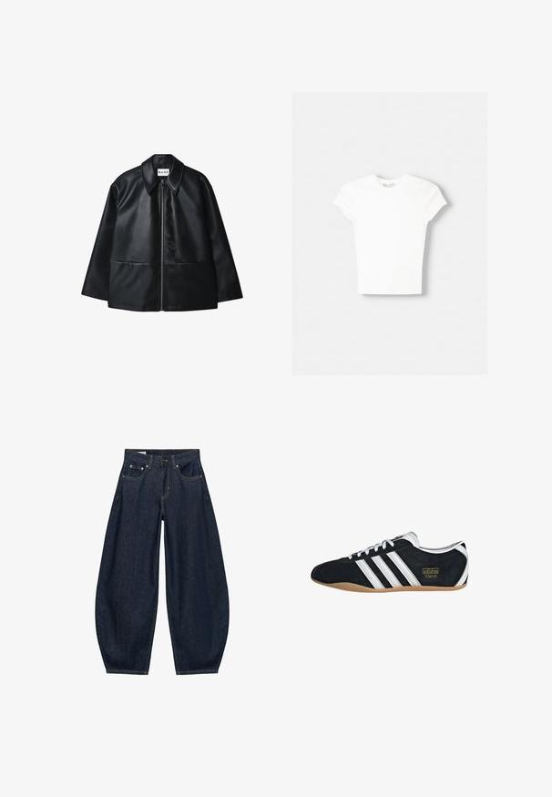 Sort læderjakke med lynlås foran, stor krave og to forlommer. Har en glat tekstur og struktureret design.; Hvid kortærmet t-shirt lavet af blød bomuld, med rund halsudskæring og en tætsiddende form. Ingen synlige mønstre eller udsmykninger.; Mørkeblå vidde jeans med frontlommer, bæltestropper og knaplukning i taljen.; Sort ruskinds sneaker med hvide tre striber, guldlogo og en brun gummisål. Har et lavprofil snørebåndsdesign.